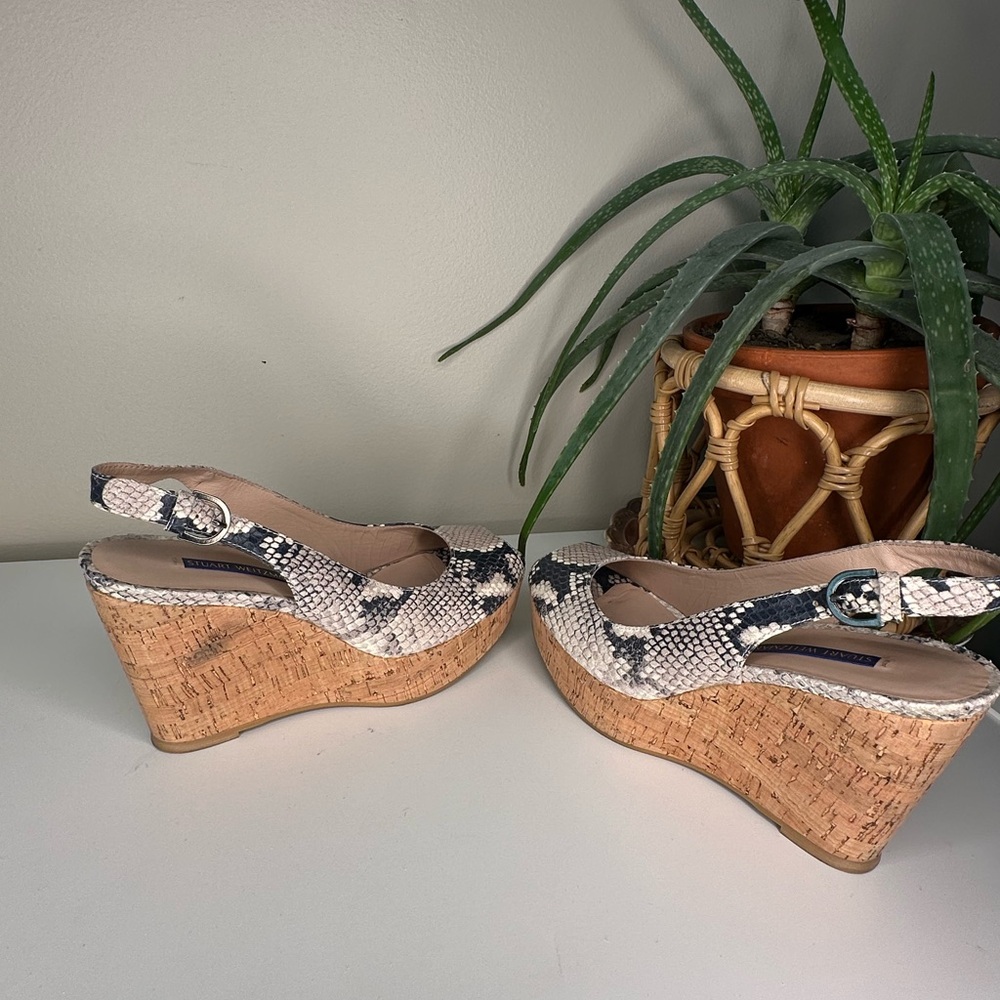 Stuart Weitzman Snakeskin Leather Cork Wedge Heels 8 | Peep Toe Slingback - Picture 4 of 13